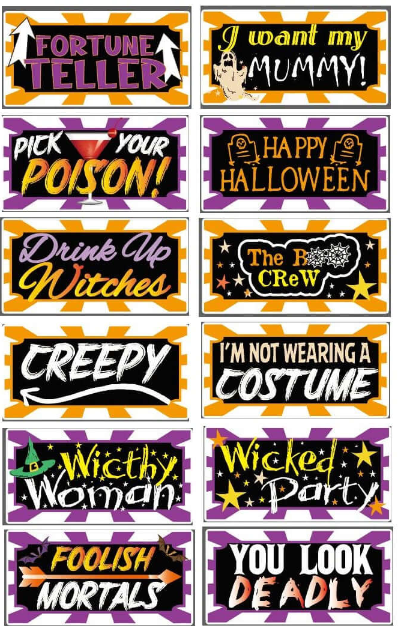 Halloween - 7 piece set- Photo Booth Sign Props .- Double Sided