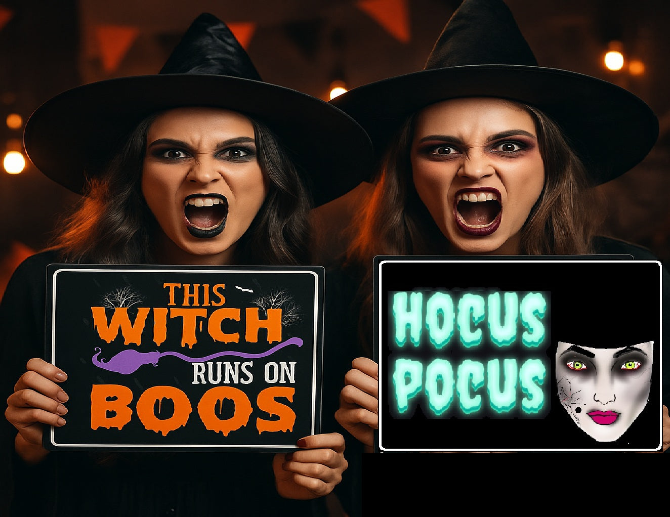 Halloween - BIG 5 piece set- Photo Booth Sign Props .- Double Sided