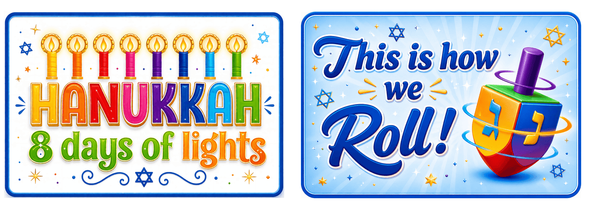 Hanukkah - Photo Booth Sign Props . Set of5  - Double Sided with colorful designs for holiday celebrations.