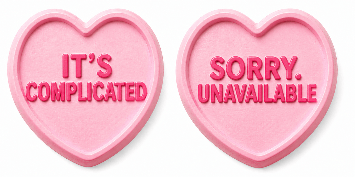 Ultimate hearts Wedding Set Photo Booth Props featuring big heart shaped sayings It's Complicated and Sorry. Unavailable.