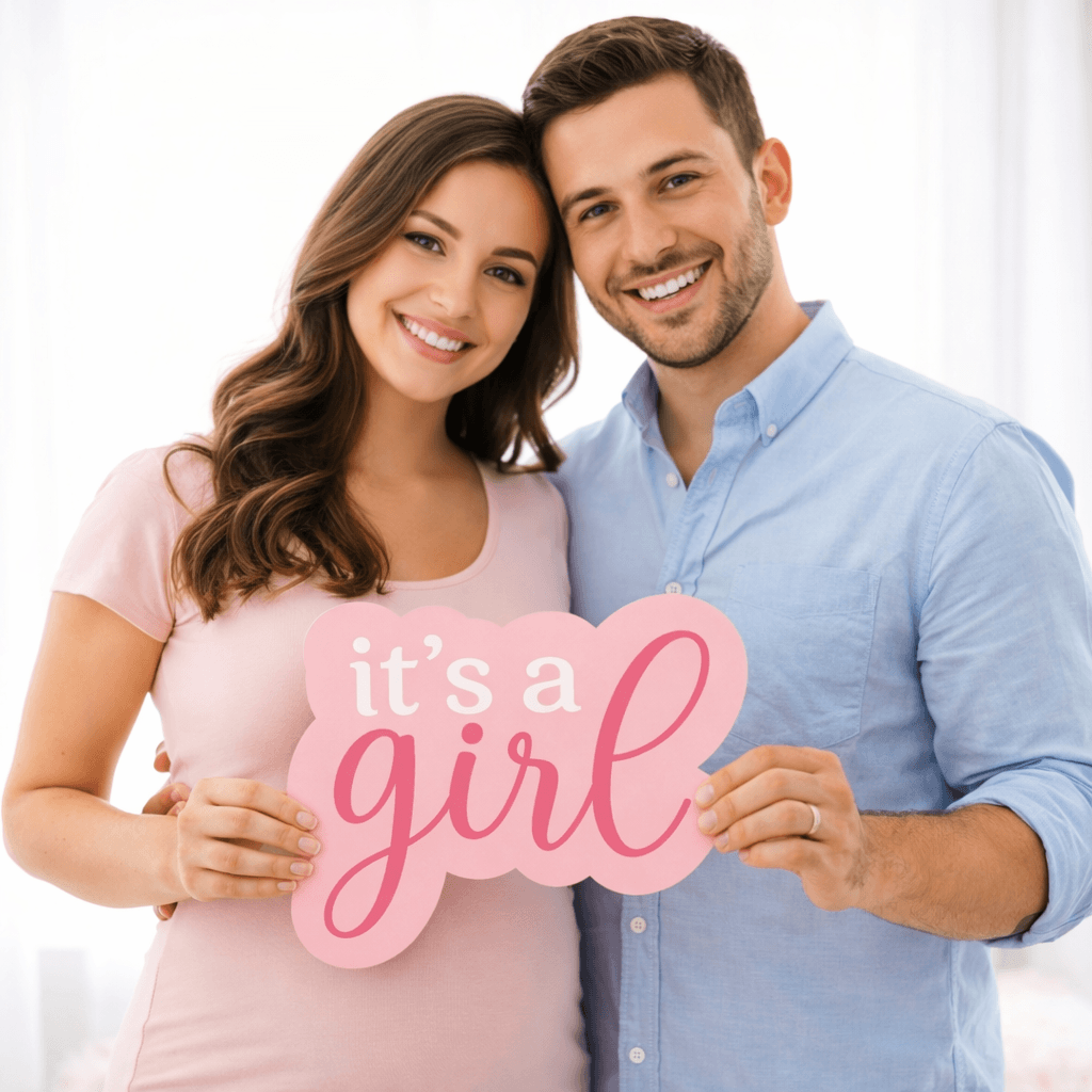 Happy couple holding a sign that says it's a girl! Perfect for photo booth props and baby announcements.