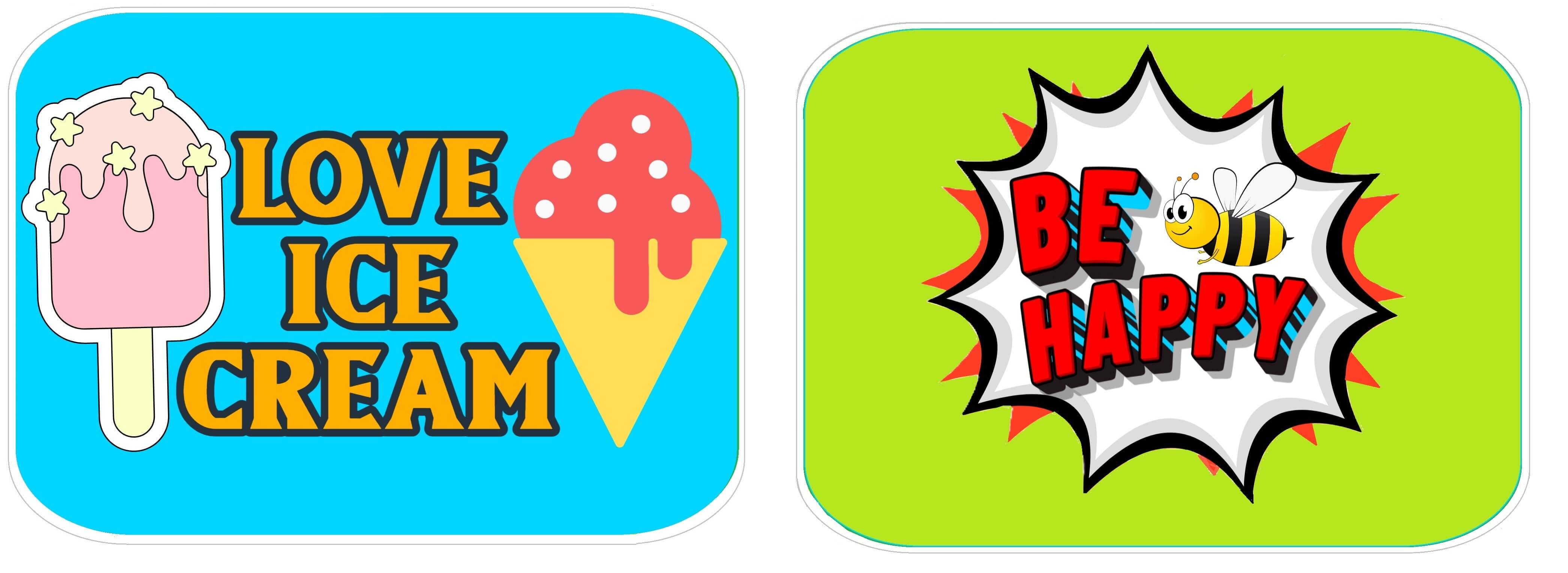 Colorful kids party props featuring 'Love Ice Cream' and 'Be Happy' designs on vibrant backgrounds.