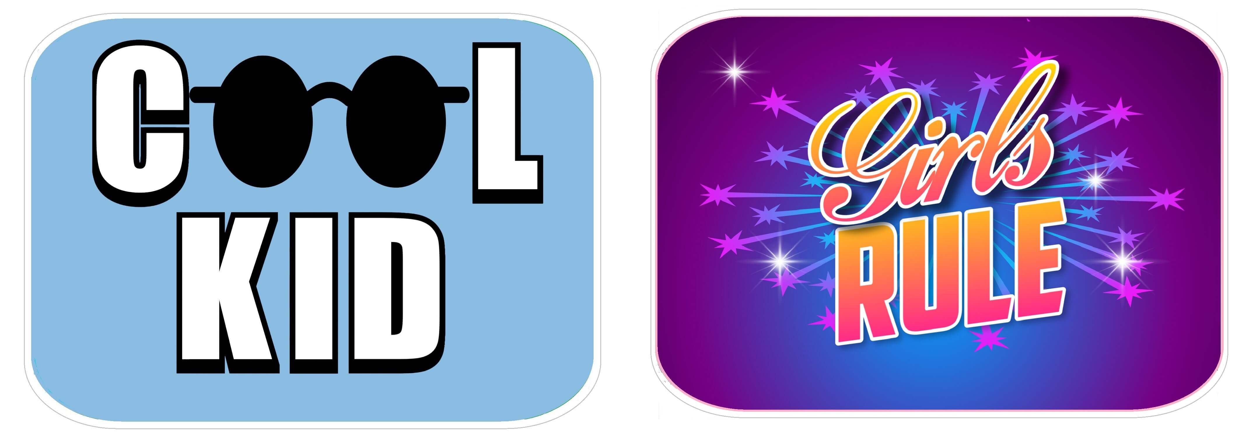 Colorful kids party props featuring 'Cool Kid' and 'Girls Rule' designs, perfect for vibrant celebrations.
