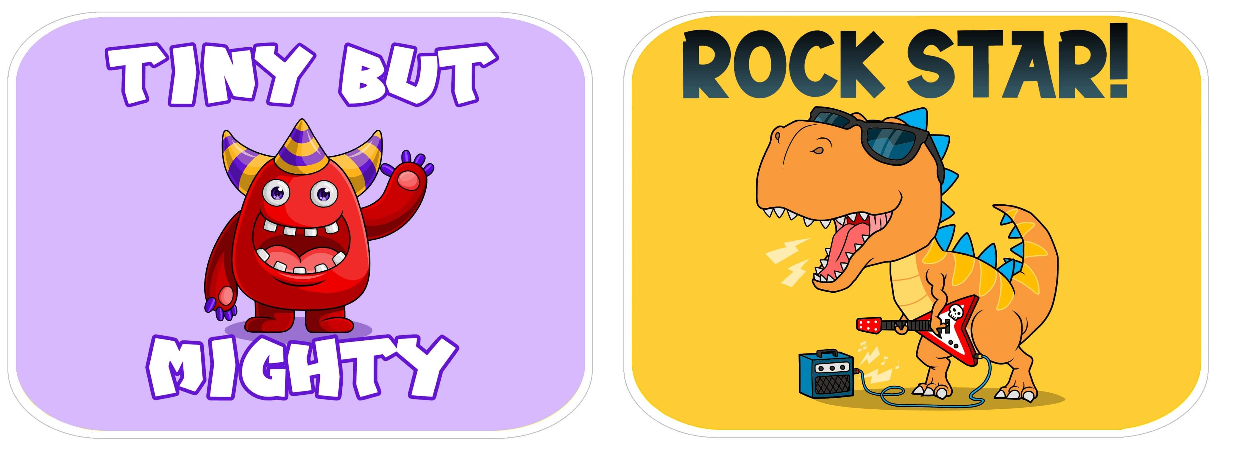 Colorful kids party props featuring a red monster saying 'Tiny but Mighty' and a dinosaur saying 'Rock Star!'