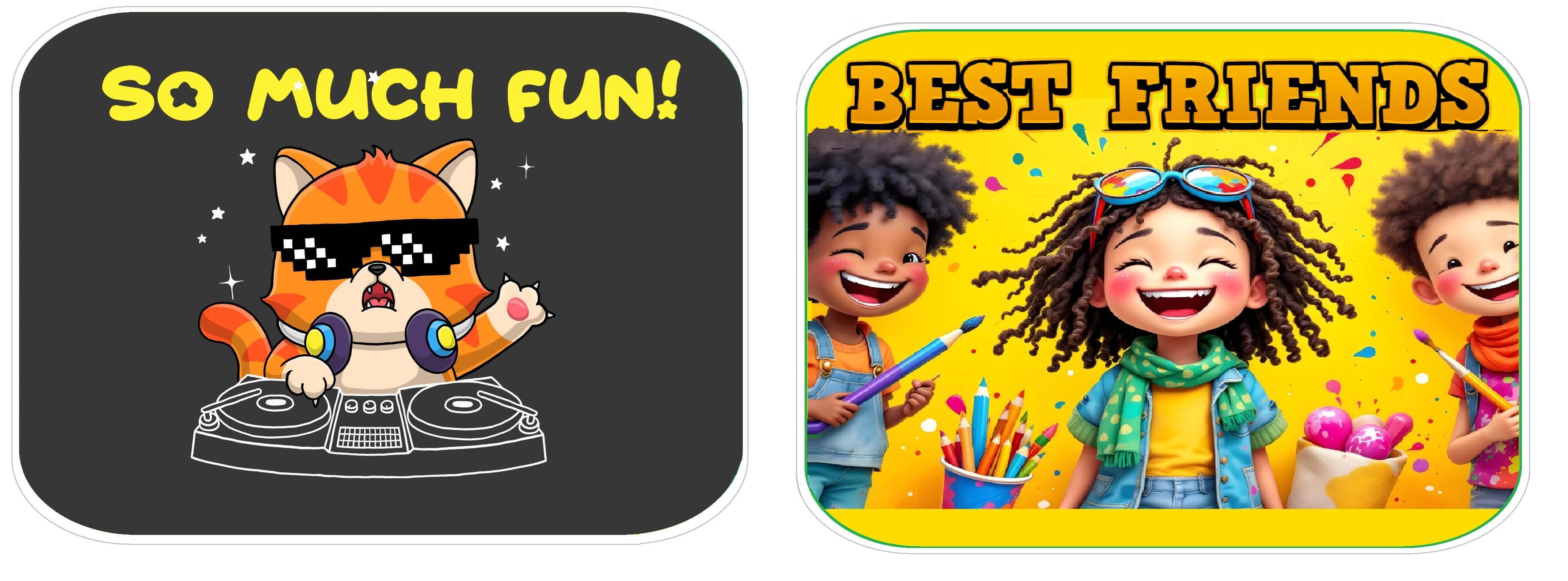 Vibrant kids party prop set featuring fun cat DJ and joyful friends with colorful backgrounds, perfect for celebrations.