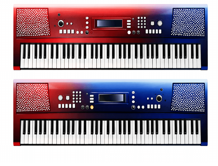 Photo Booth props - NEW Bigger Musical Instruments- Band collection, vibrant keyboards in red and blue color, designed for fun musical play.