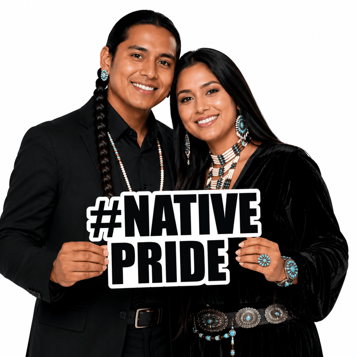Couple holding a #Native Pride PVC Photo Booth Prop for selfies and group shots at parties.