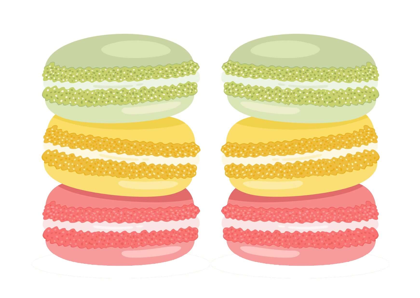 Colorful stacked macarons in green, yellow, and pink, showcasing a delightful assortment of sweets.