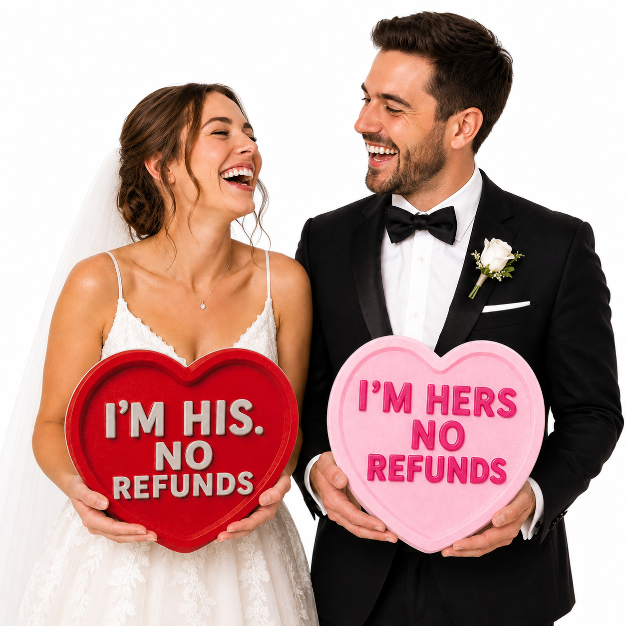 Bride and groom laughing while holding heart-shaped wedding photo booth props reading “I’m His. No Refunds” and “I’m Hers. No Refunds.”