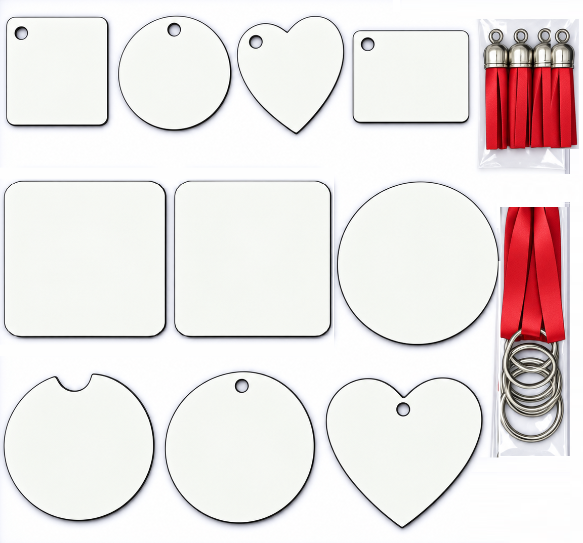 Sublimation Fun Pack - 10 pieces plus tassels, keyrings and ribbons