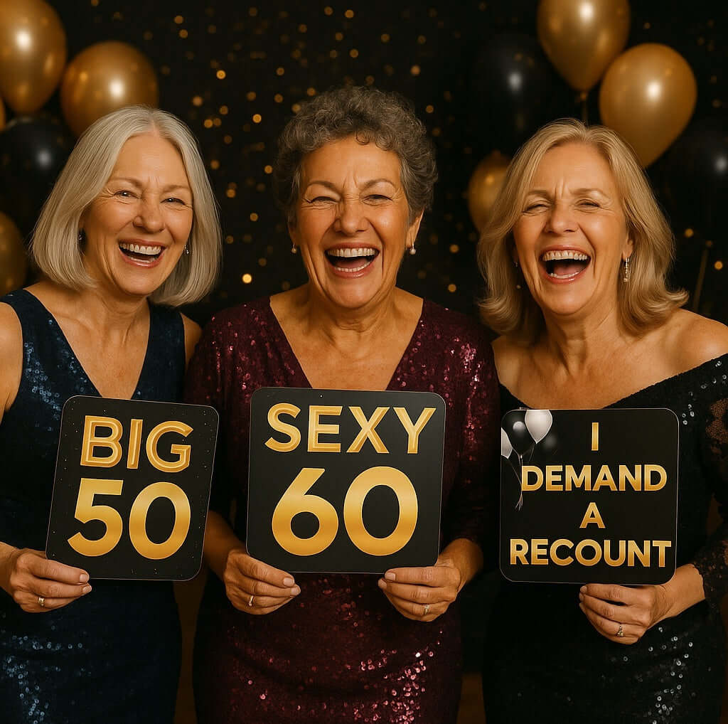 Three women joyfully holding black and gold birthday props at a festive photo booth, celebrating milestone ages.