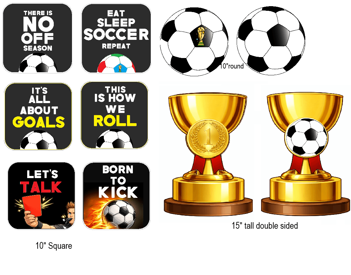 Colorful Soccer prop set featuring vibrant photo booth props, including 10" square and 15" trophy.