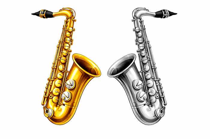 Photo Booth props - NEW Bigger Musical Instruments- Band collection featuring colorful gold and silver saxophones.
