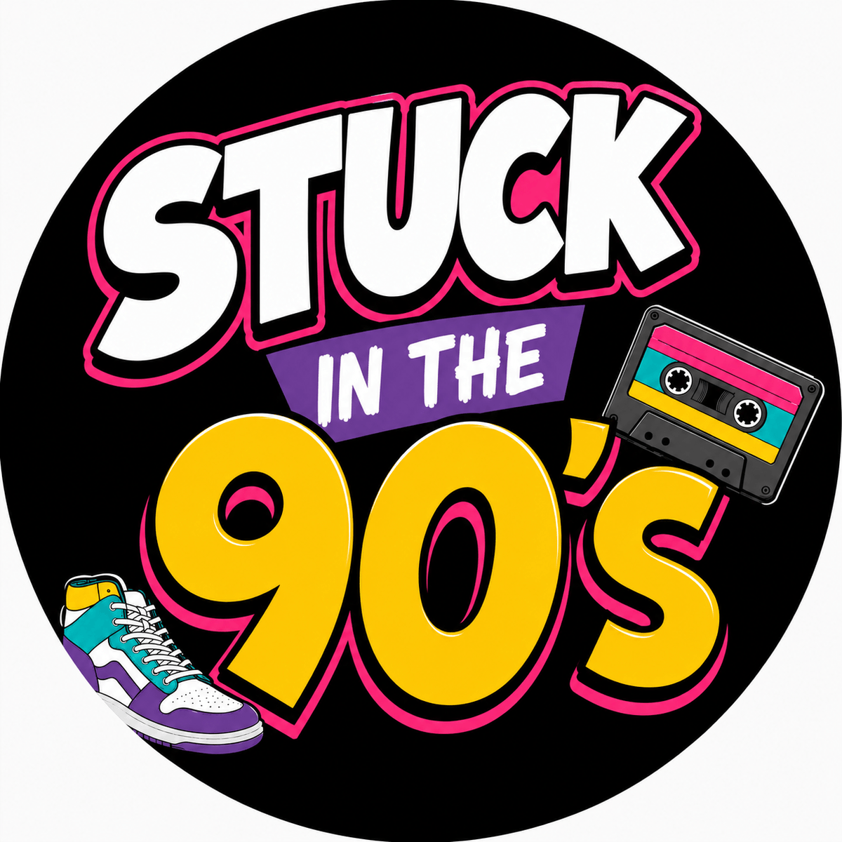 Ultimate 90's Photo Booth Props Set – 5 Retro PVC Themed Party Props featuring colorful 90s design with cassette and sneaker.