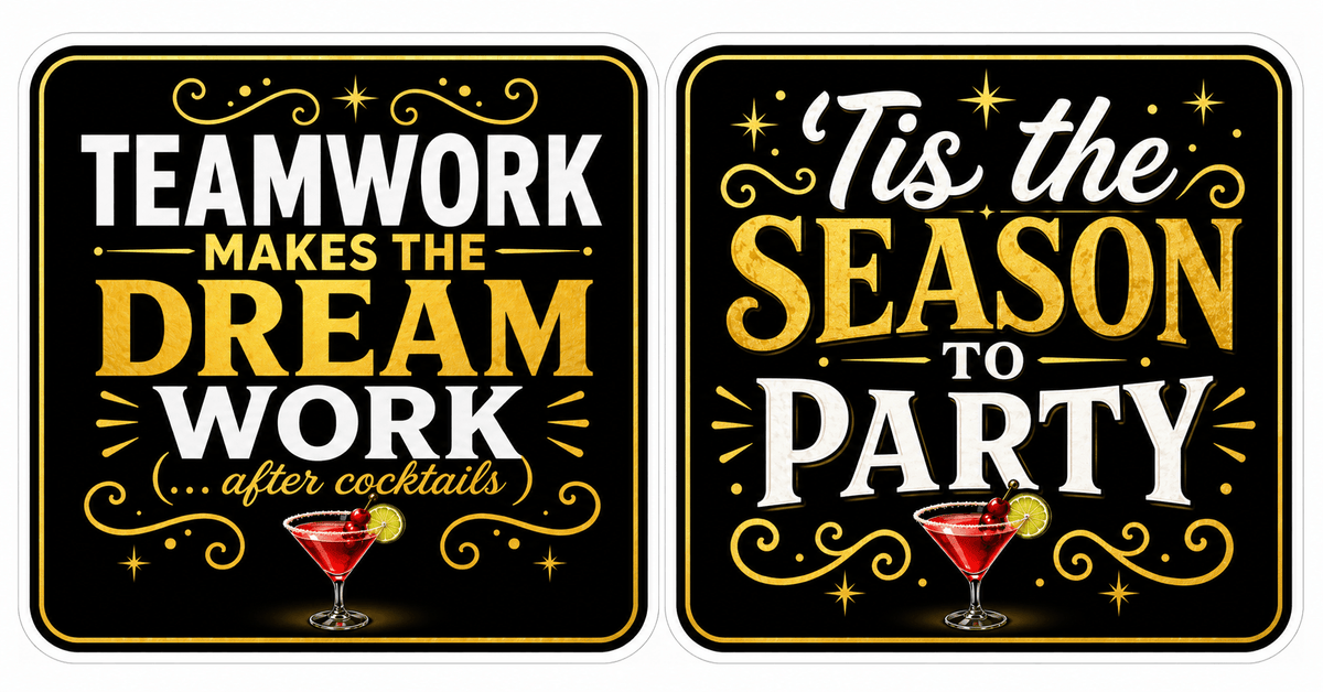 Christmas Corporate - Photo Booth Sign Props. Set of 5 - Double Sided with teamwork and party quotes.