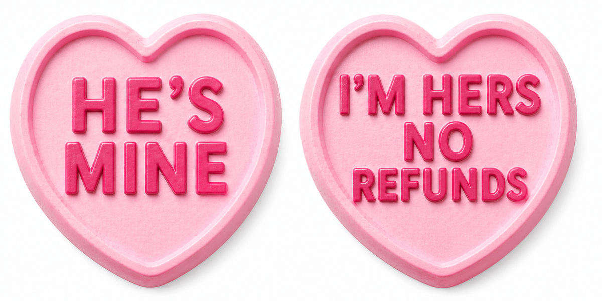 Ultimate hearts Wedding Set Photo Booth Props with pink heart shapes saying "He's Mine" and "I'm Hers No Refunds".