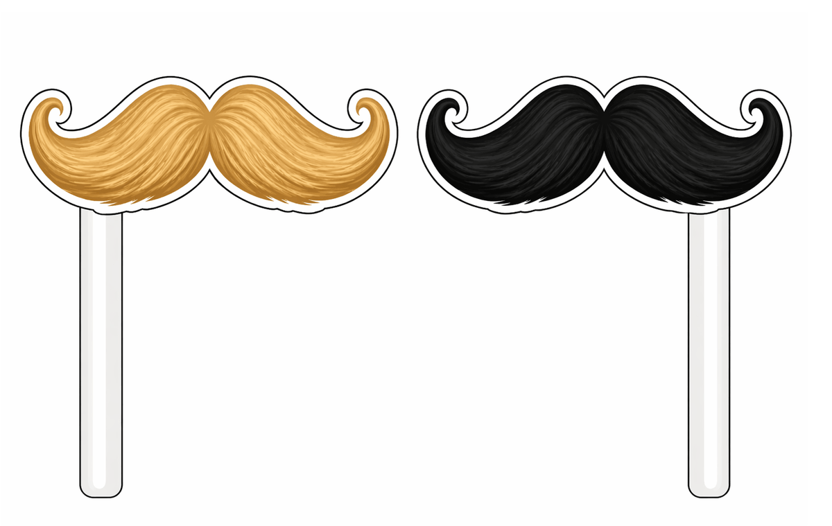 Ultimate Mustache Set Photo Booth Props featuring gold and black mustache PVC Photo Booth Props.