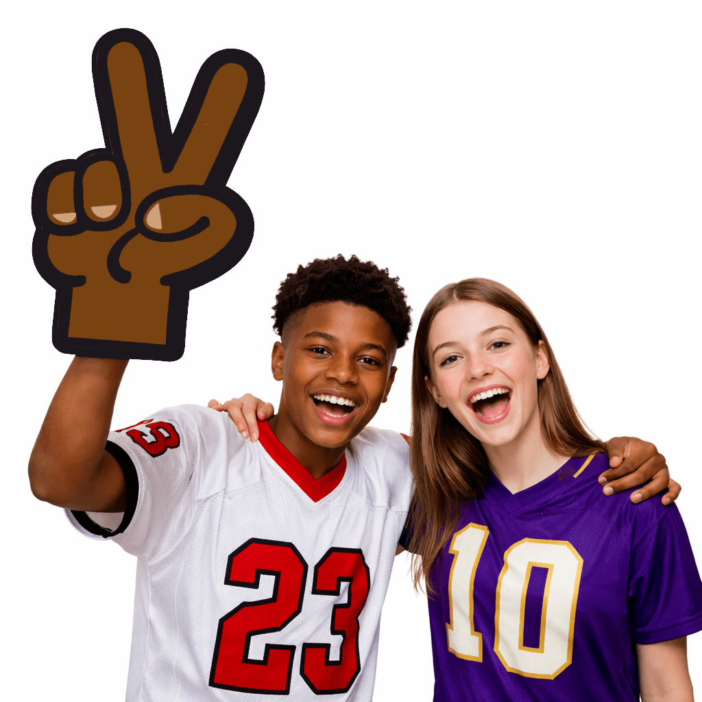 Graduation Photo Booth Props - V for Victory (with Pop Socket) DarkSkin oversized hand sign with teenagers