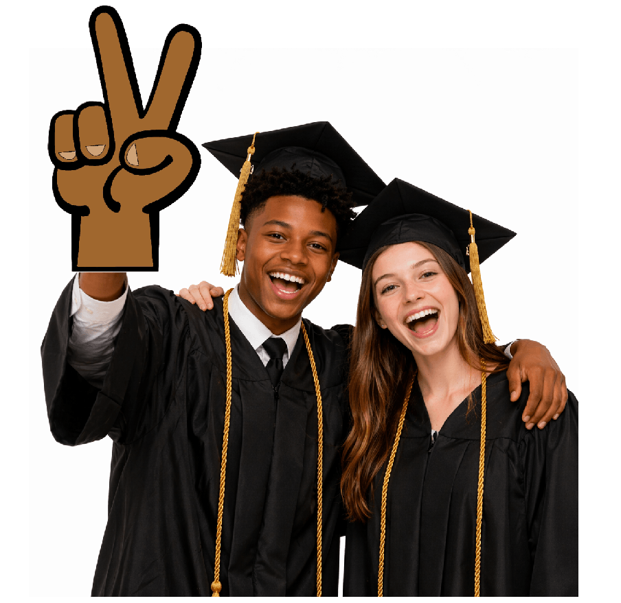 Graduation Photo Booth Props - V for Victory (with Pop Socket) DarkSkin used in a joyful graduation photo.