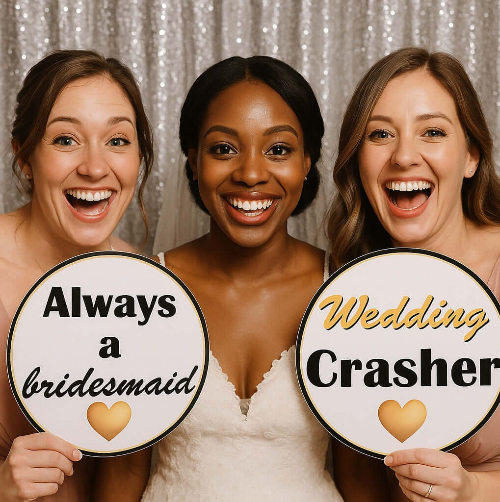 Three women joyfully holding wedding photo booth props, 'Always a bridesmaid' and 'Wedding Crasher,' in front of sparkling backdrop.