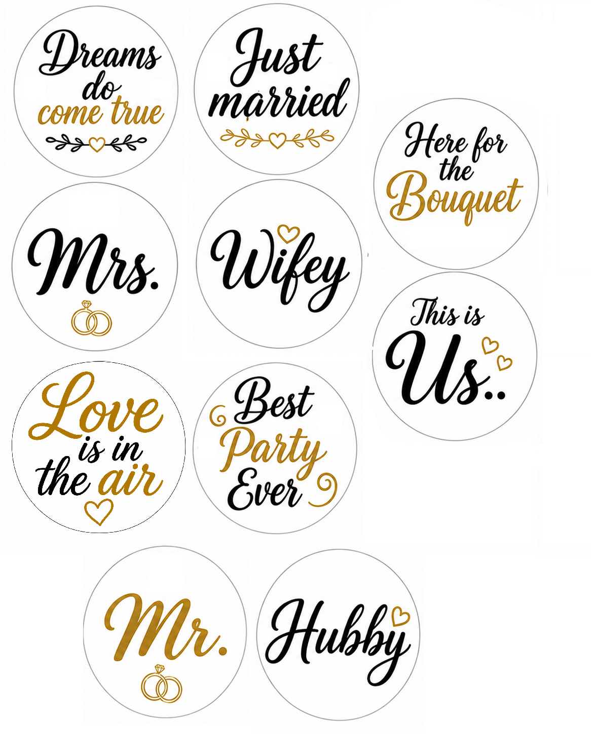 White, Black & Gold Wedding Photo Booth Props – 5 Double-Sided PVC Signs featuring playful designs for celebrations.