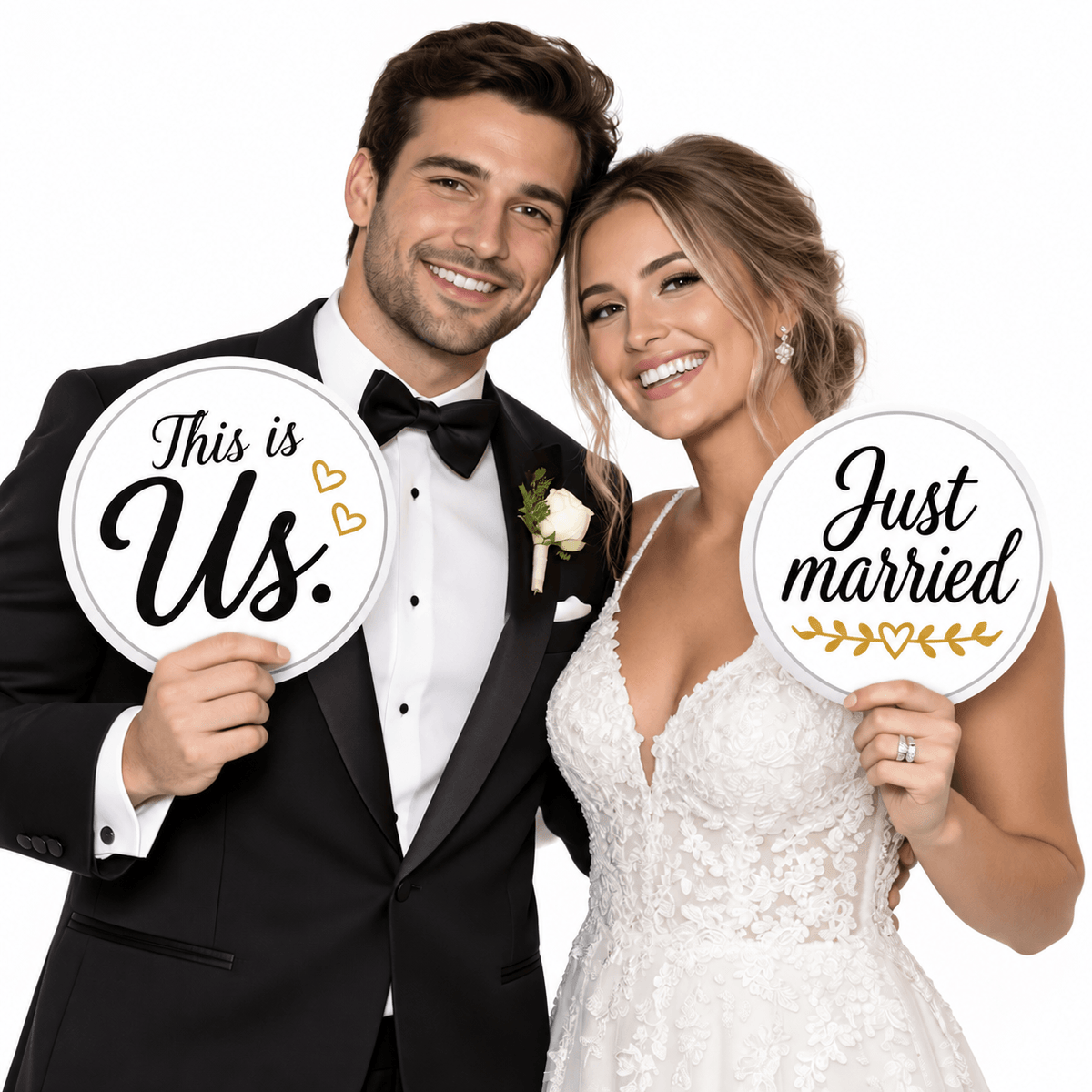 White, Black & Gold Wedding Photo Booth Props – 5 Double-Sided PVC Signs featuring couple with fun wedding signs.