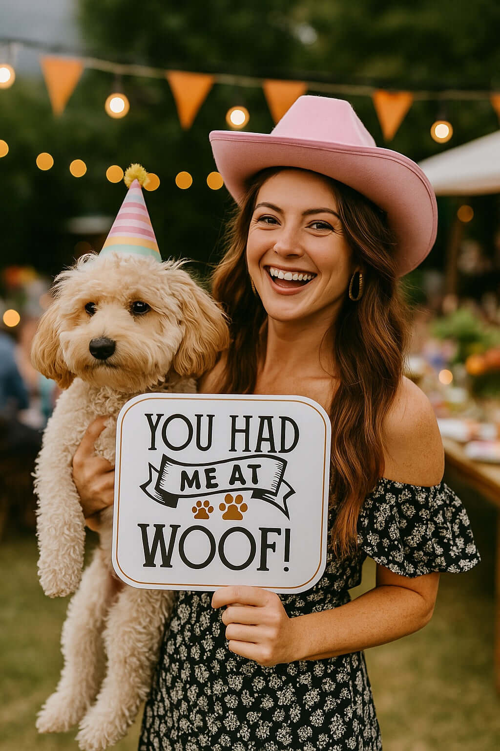 Woman in a pink cowboy hat holding a dog and a fun photo booth sign that says 'You Had Me at Woof!' at a dog party.