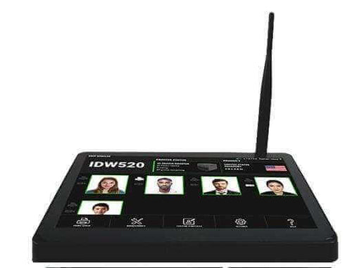 DNP IDW520 all-in-one passport and ID photo system — camera, touchscreen console, and DNP QW410 printer