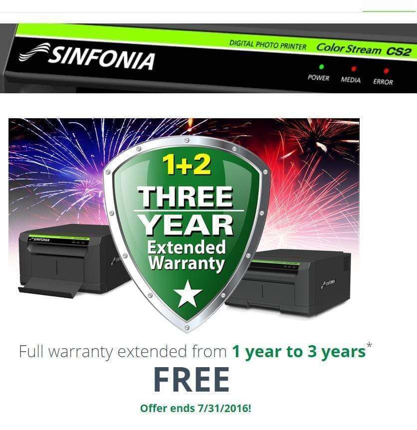 Sinfonia CS2 printer promotional image showcasing a 3-year warranty offer with fireworks background.