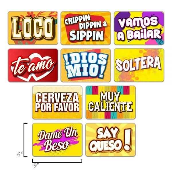 "SPANISH COLLECTION 1" - PHOTO BOOTH SIGN PROPS - EN ESPANOL. Set of 5 Double Sided PVC PROPS. - Eventprinters.com